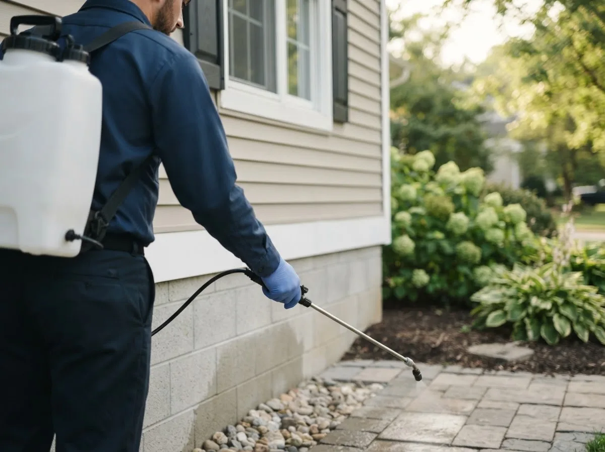 Pest control technician inspecting a home in Butterfield, MO
